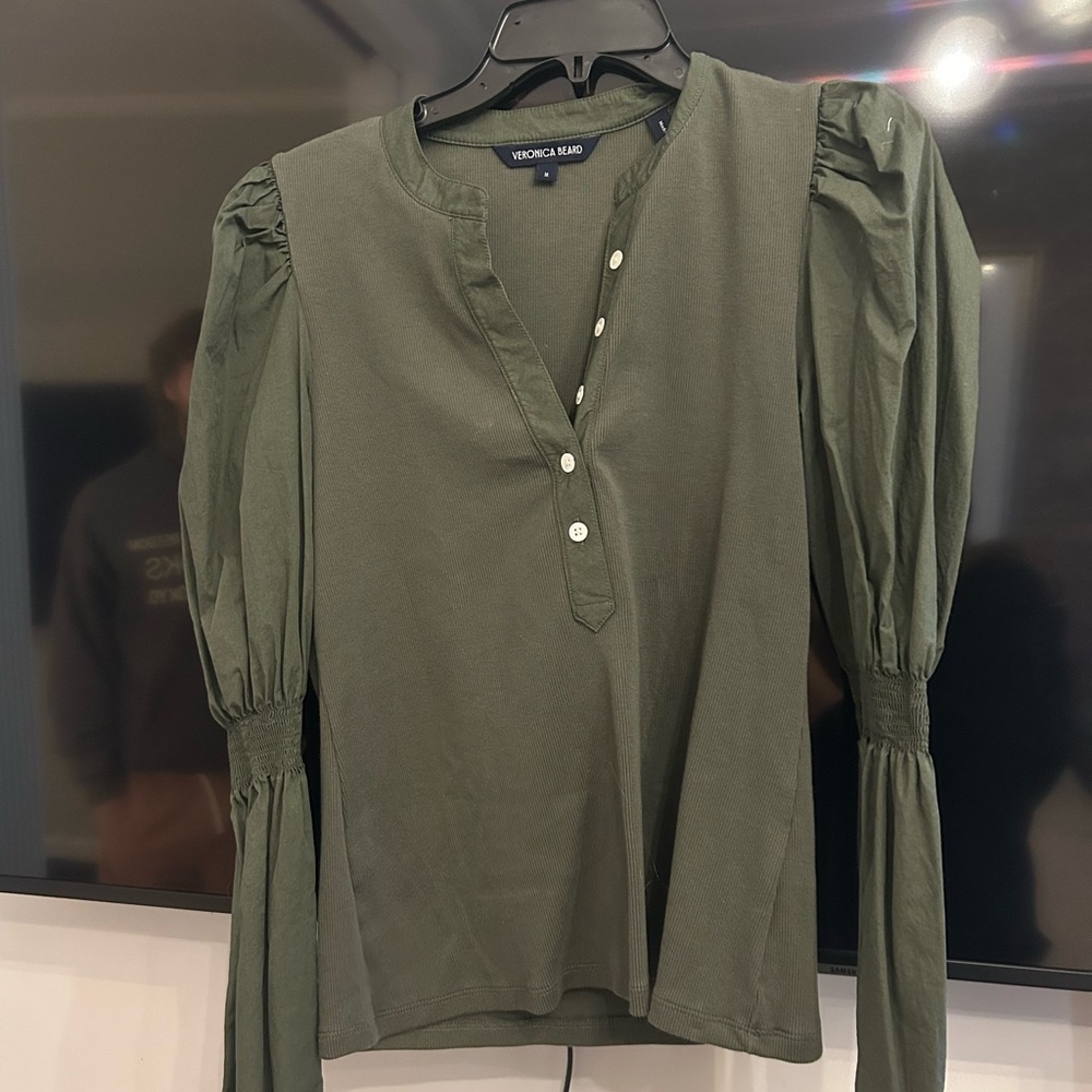 Veronica Beard Green Blouse with Puff Sleeves and Mandarin Collar